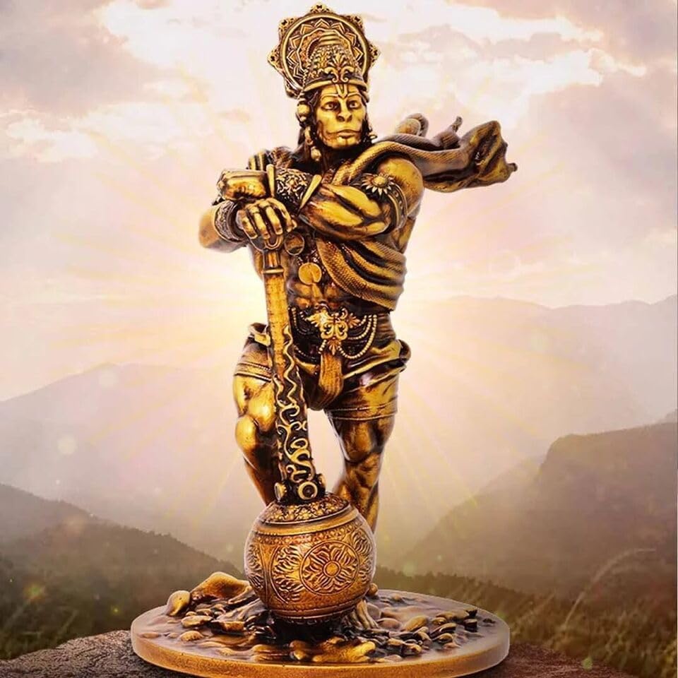 Bahubali Hanuman Idol Statue | Bajrang Bali Murti Showpiece | Gold Antique.