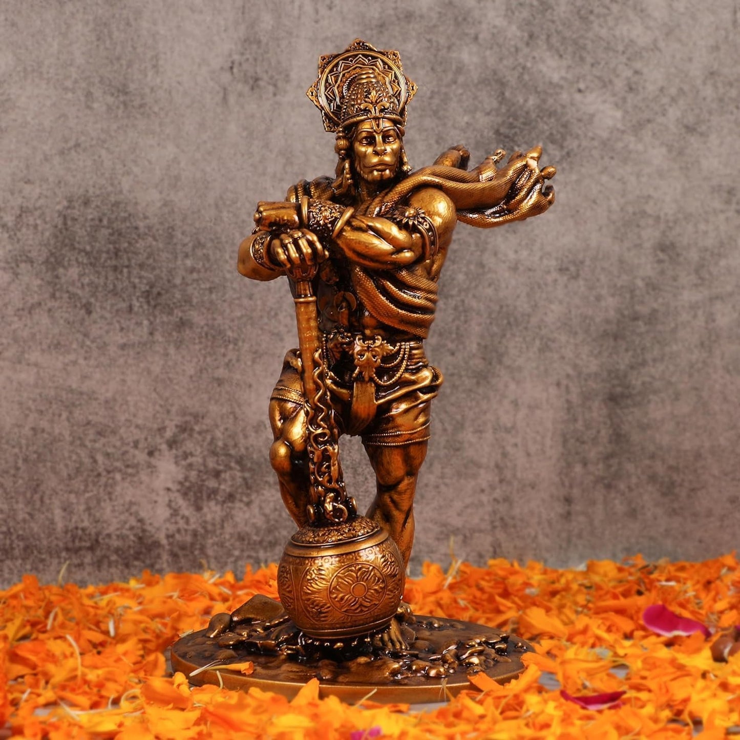 Bahubali Hanuman Idol Statue | Bajrang Bali Murti Showpiece | Gold Antique.